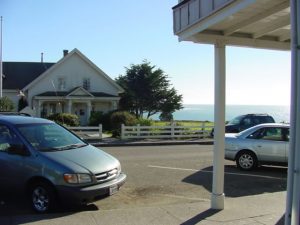 Fort Bragg community street with view of ocean